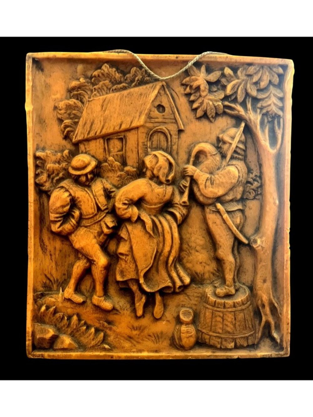 Vtg Belgian Hand-Carved Wax Relief Panel Breughel Style Scene Wall Art